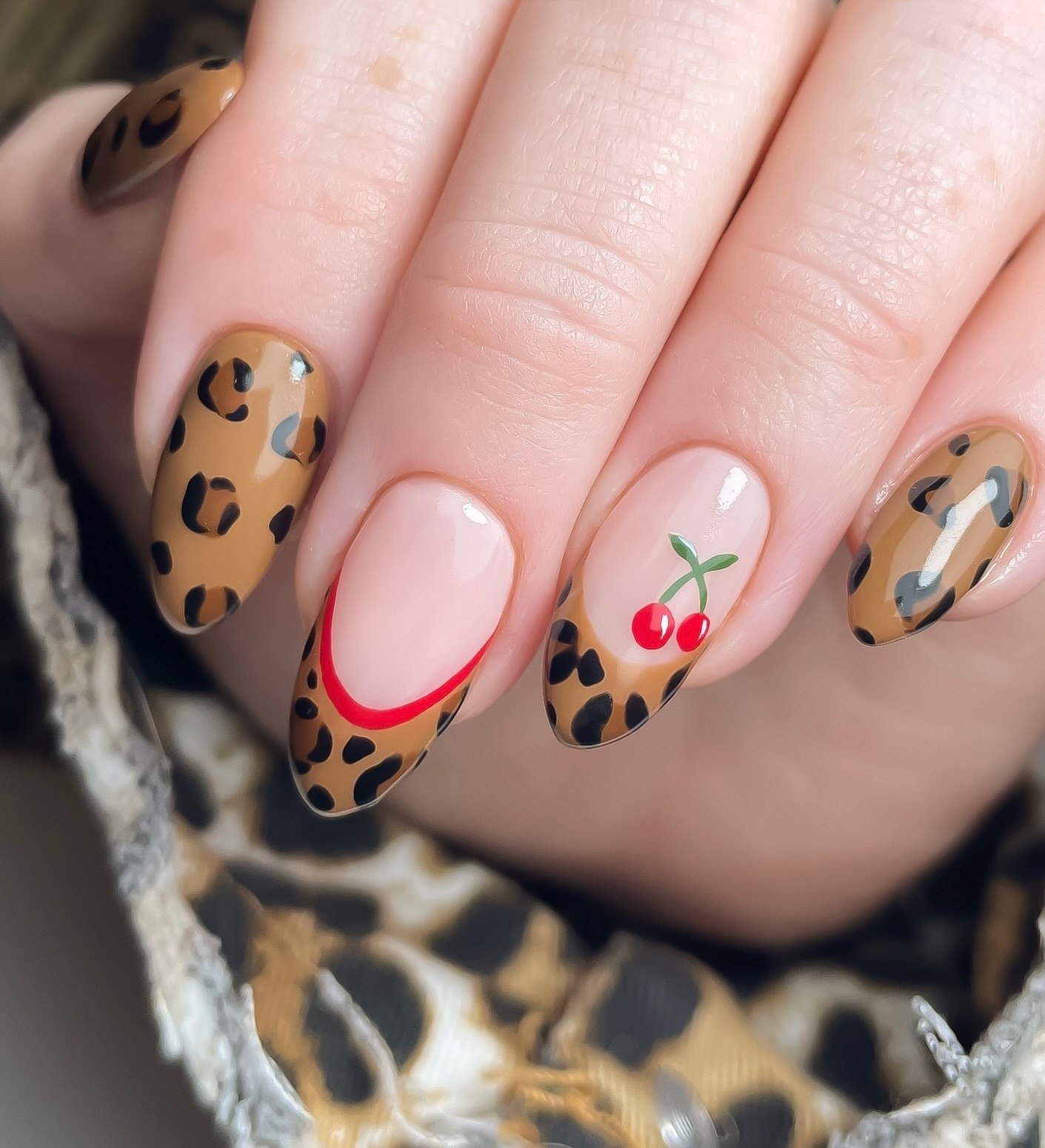 Cheetah Print French Tip with Cherry Accents
