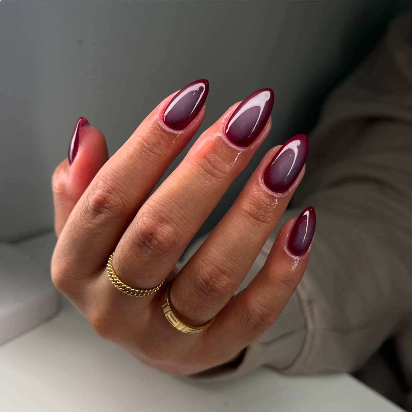 Deep Burgundy Aura Ombre Almond Nails