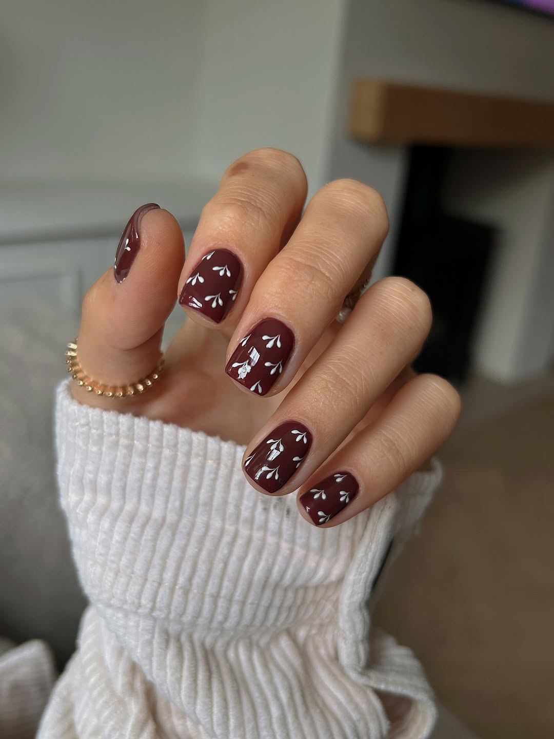Deep Burgundy Floral Accent Nails