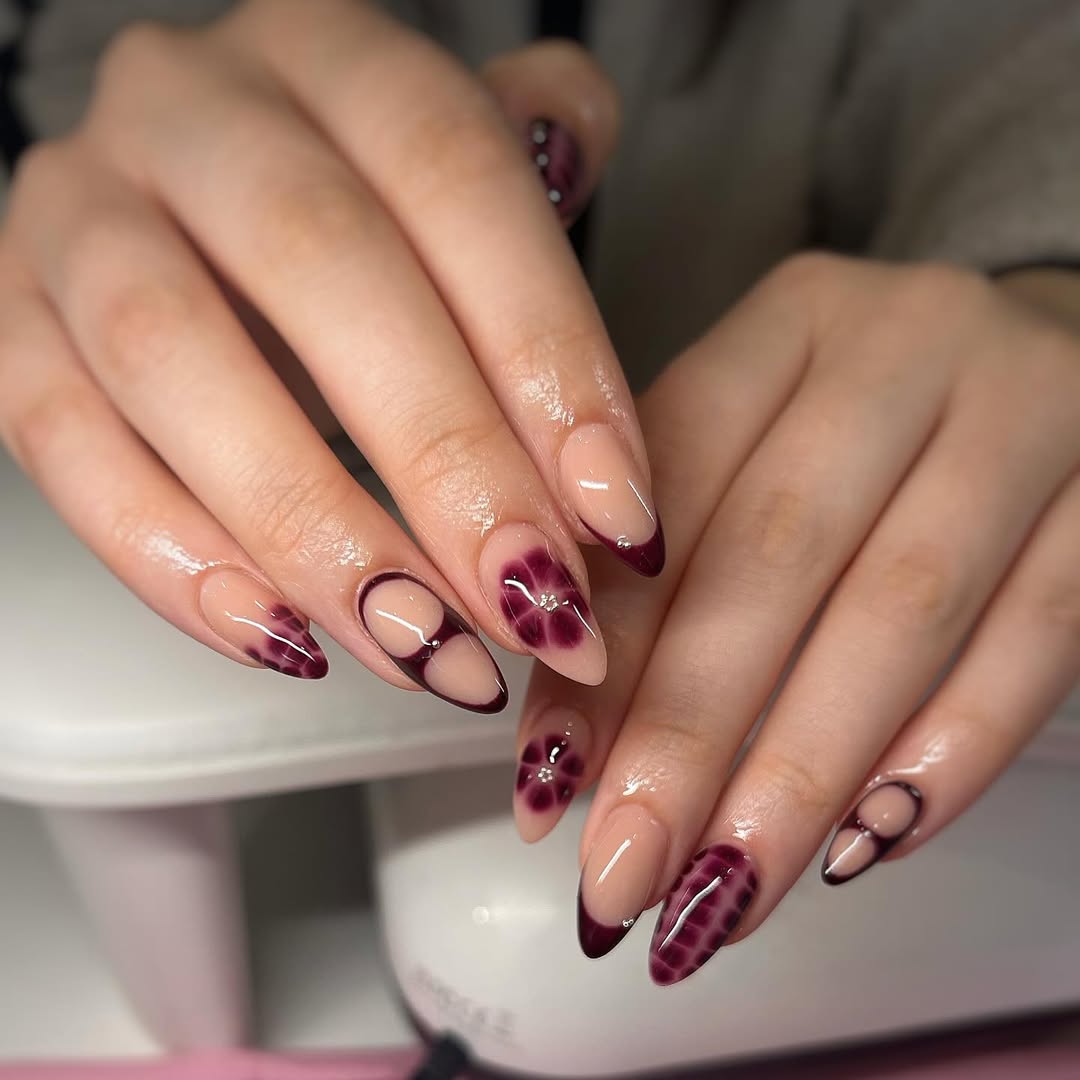 Deep Burgundy Ombre Almond French Nails