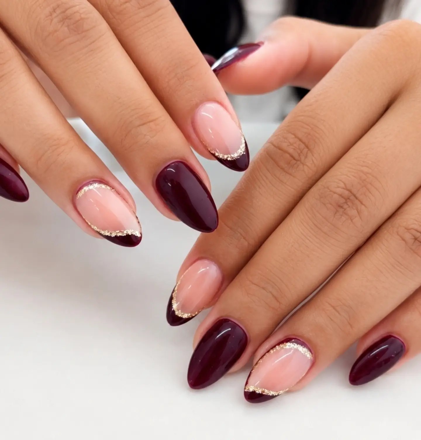 Deep Burgundy Almond French with Gold Glitter Detail