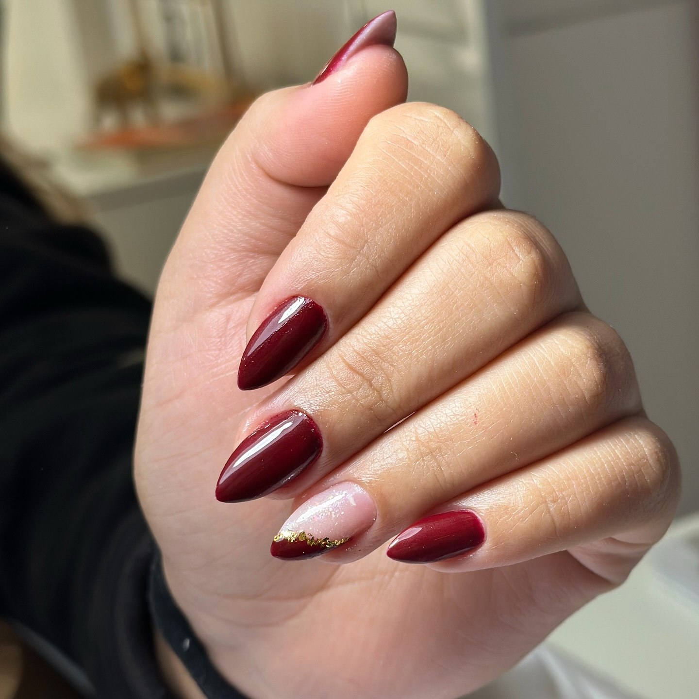 Deep Burgundy Velvet Almond Nails with Gold Accent