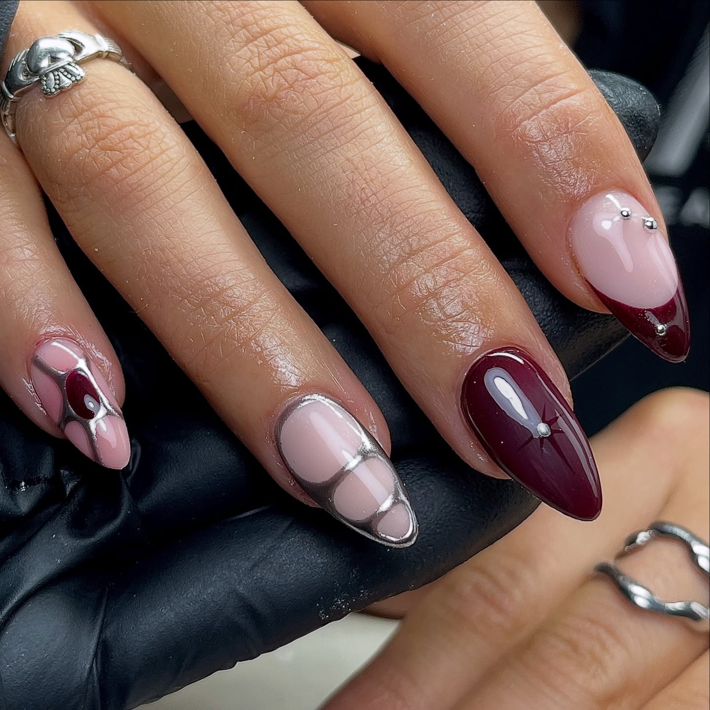 Deep Burgundy and Pink French Aura Nails