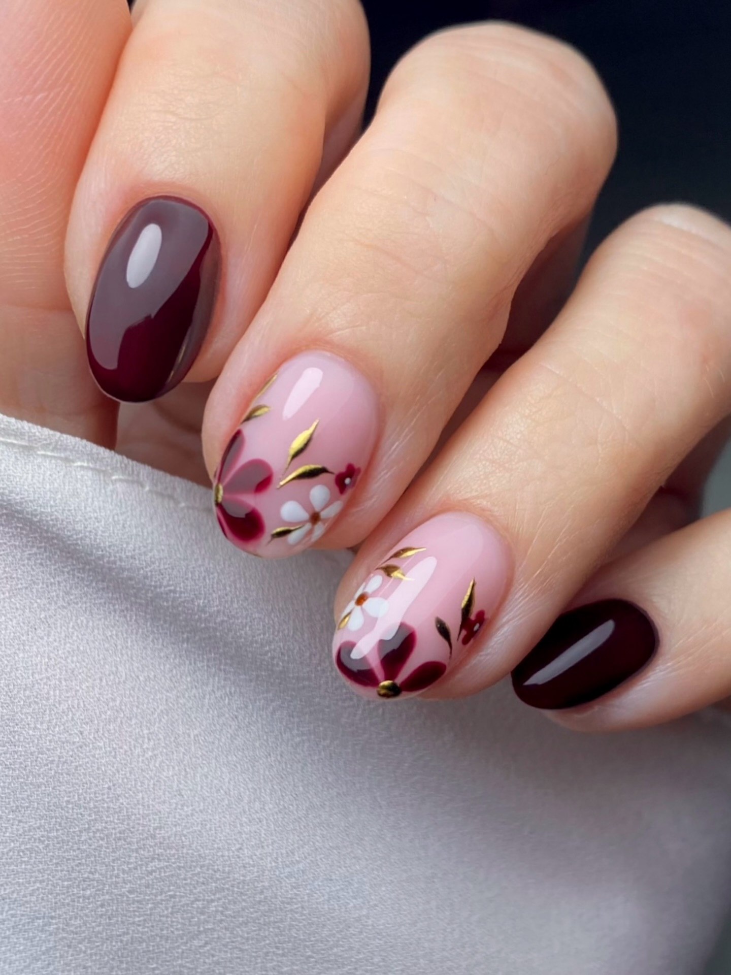 Burgundy Floral French Tip Oval Nails