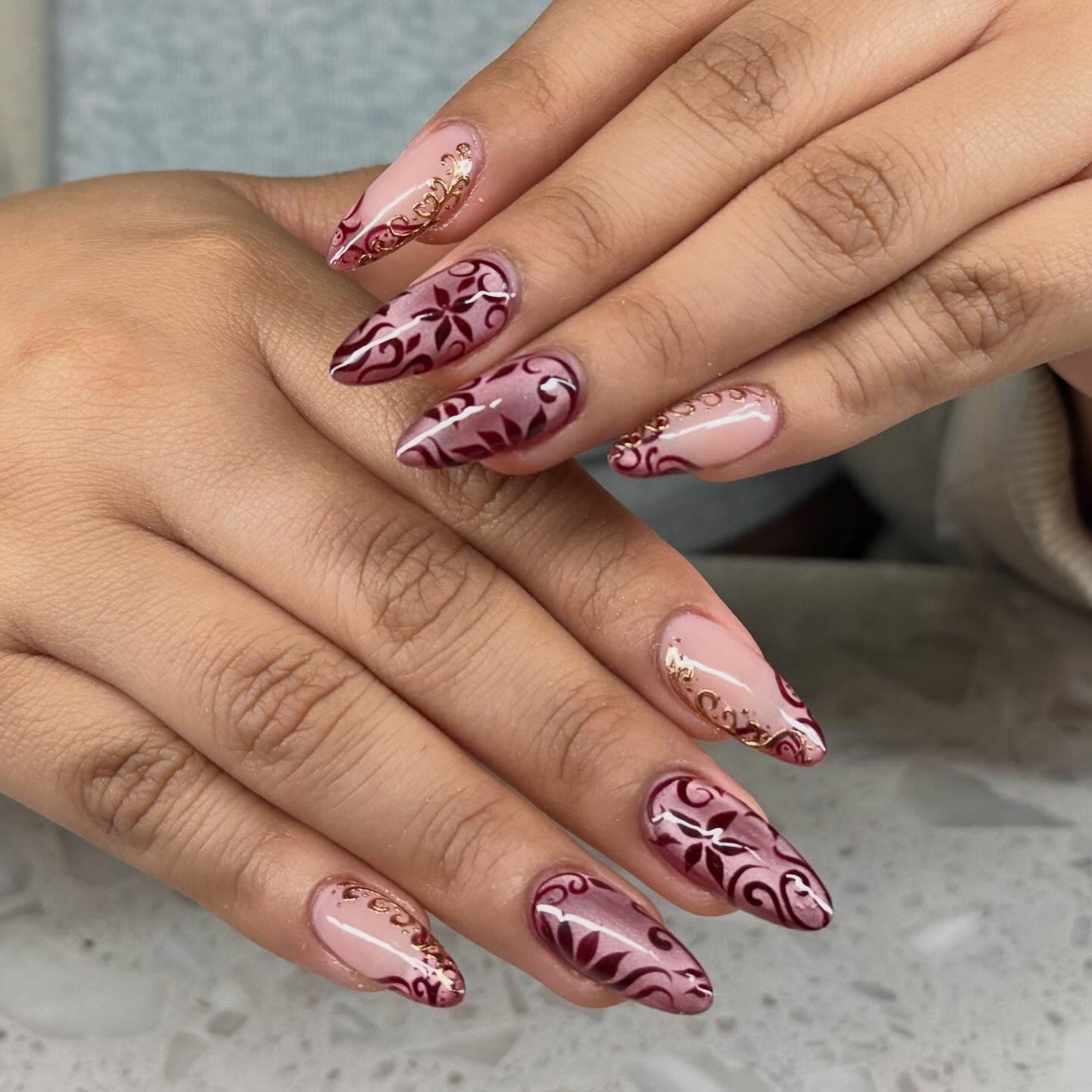 Burgundy Swirl French Tip Almond Nails