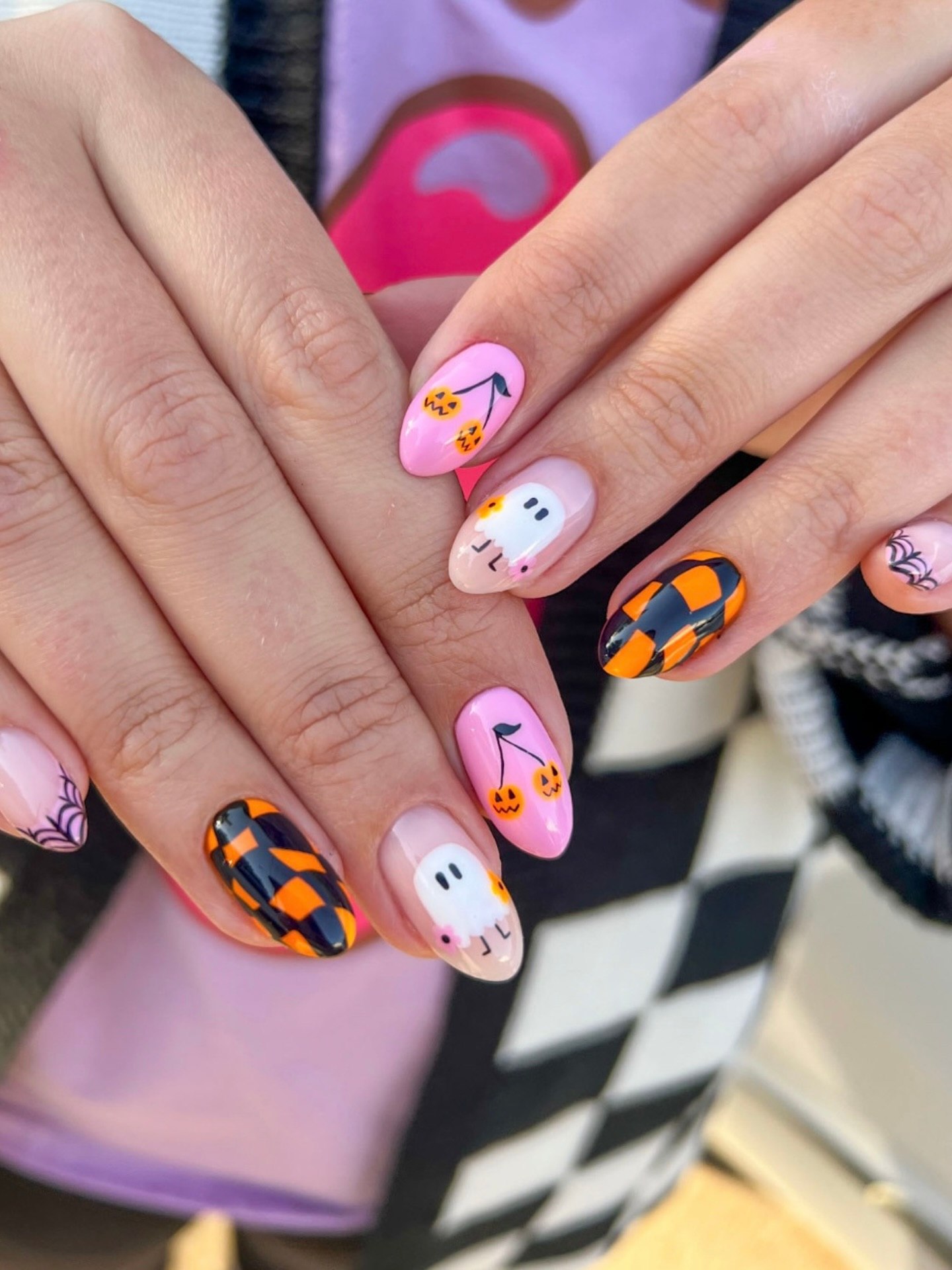 Cute Halloween Ghost and Pumpkin Cherry Nails