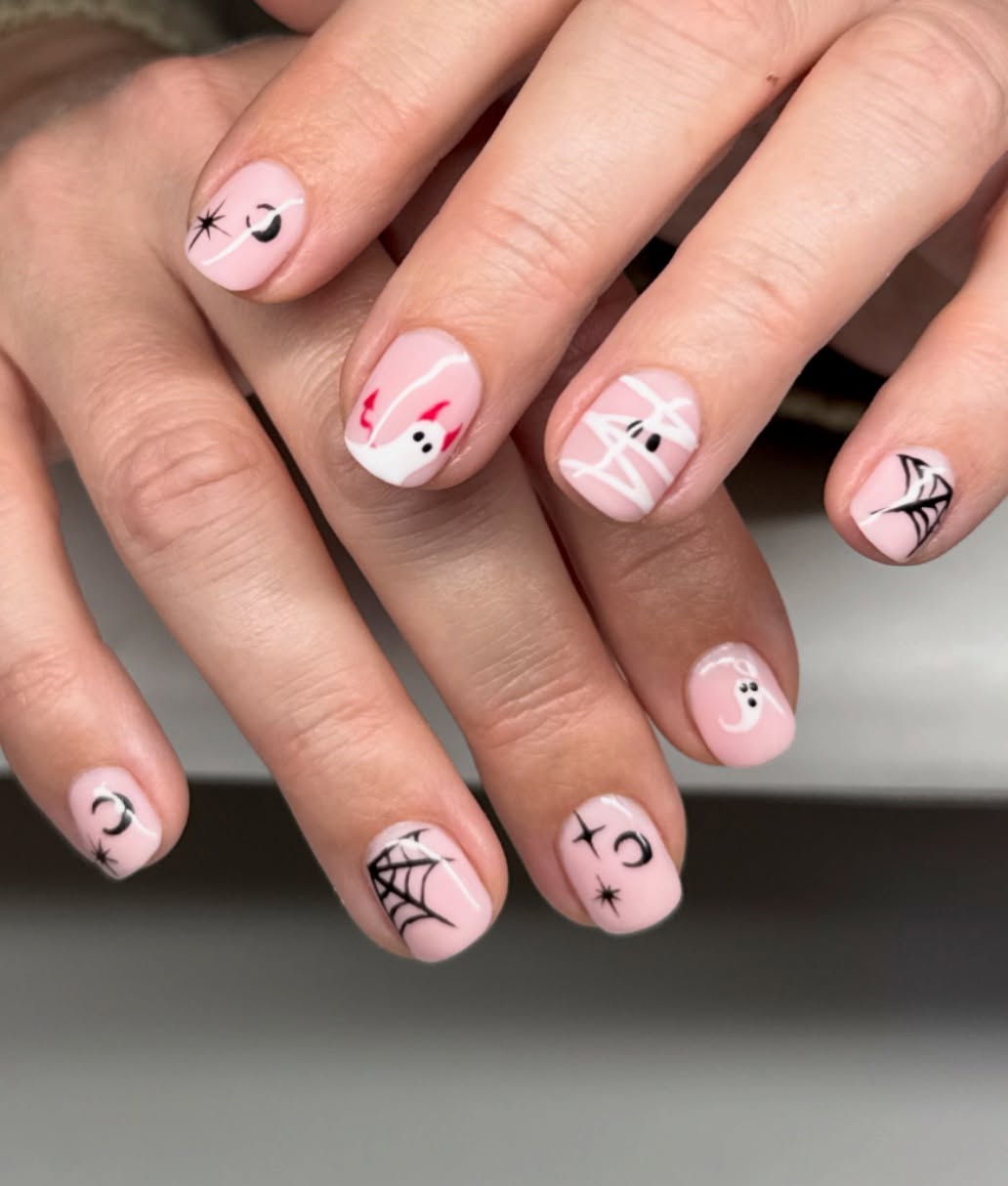 Cute Pink Halloween Ghost and Spiderweb Nails