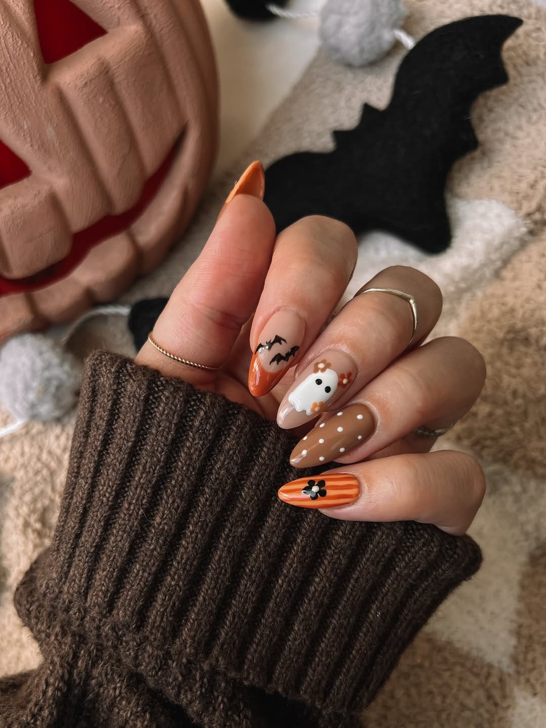 Spooky Cute Halloween Ghost and Bat Nail Art