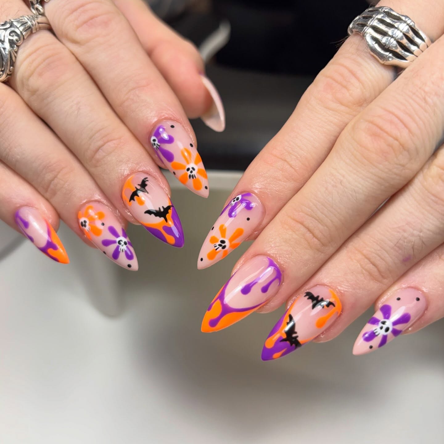 Spooky Halloween Bats And Skulls Nail Art