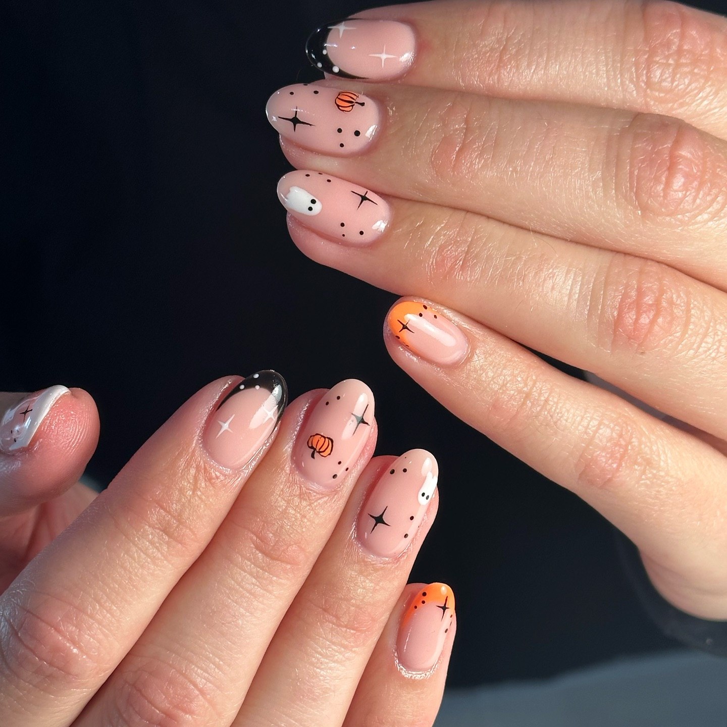 Cute Halloween Ghost and Pumpkin French Tips