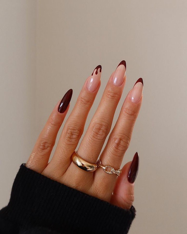 Deep Cherry Drip Almond French Nails