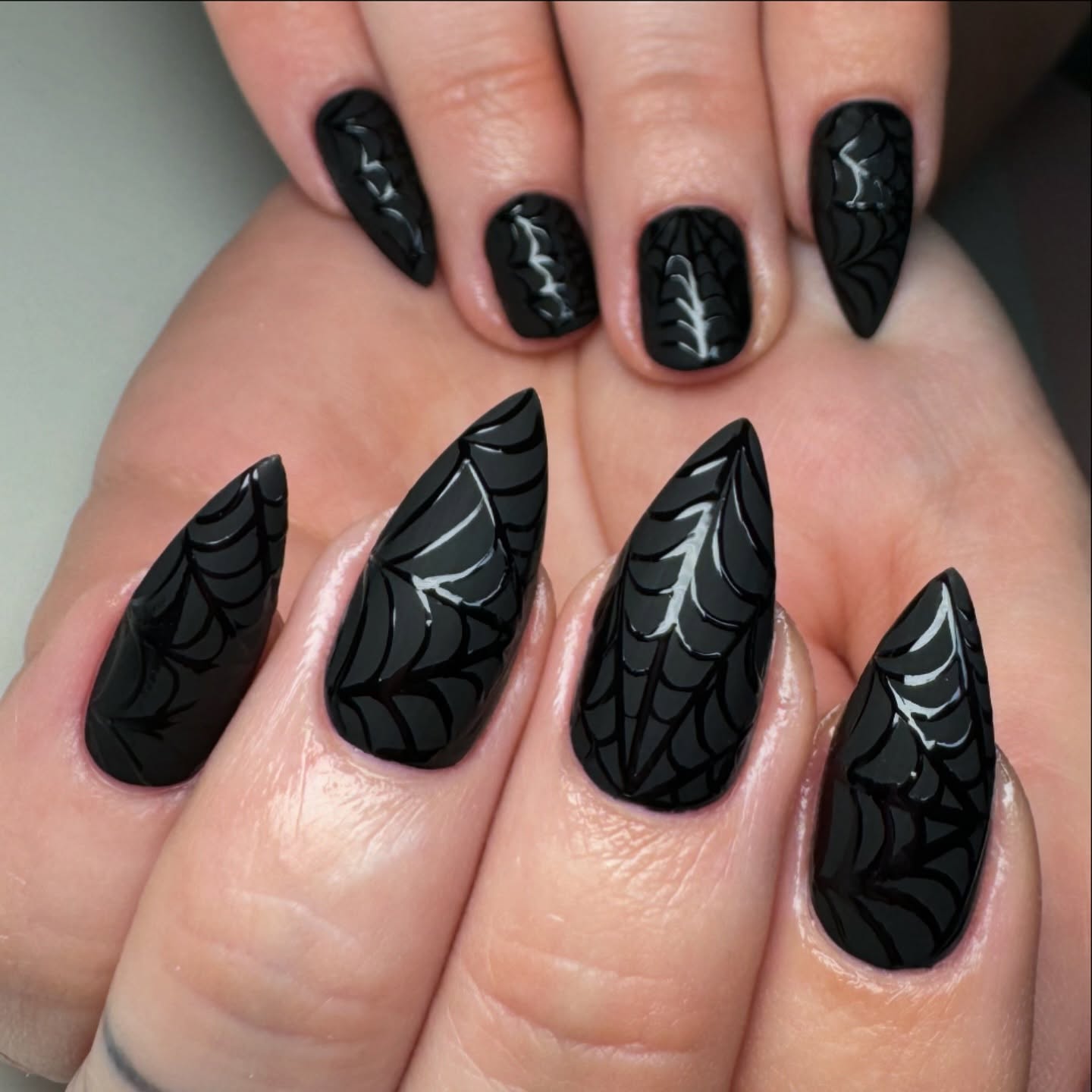Matte Black Cobweb Stiletto Halloween Nails