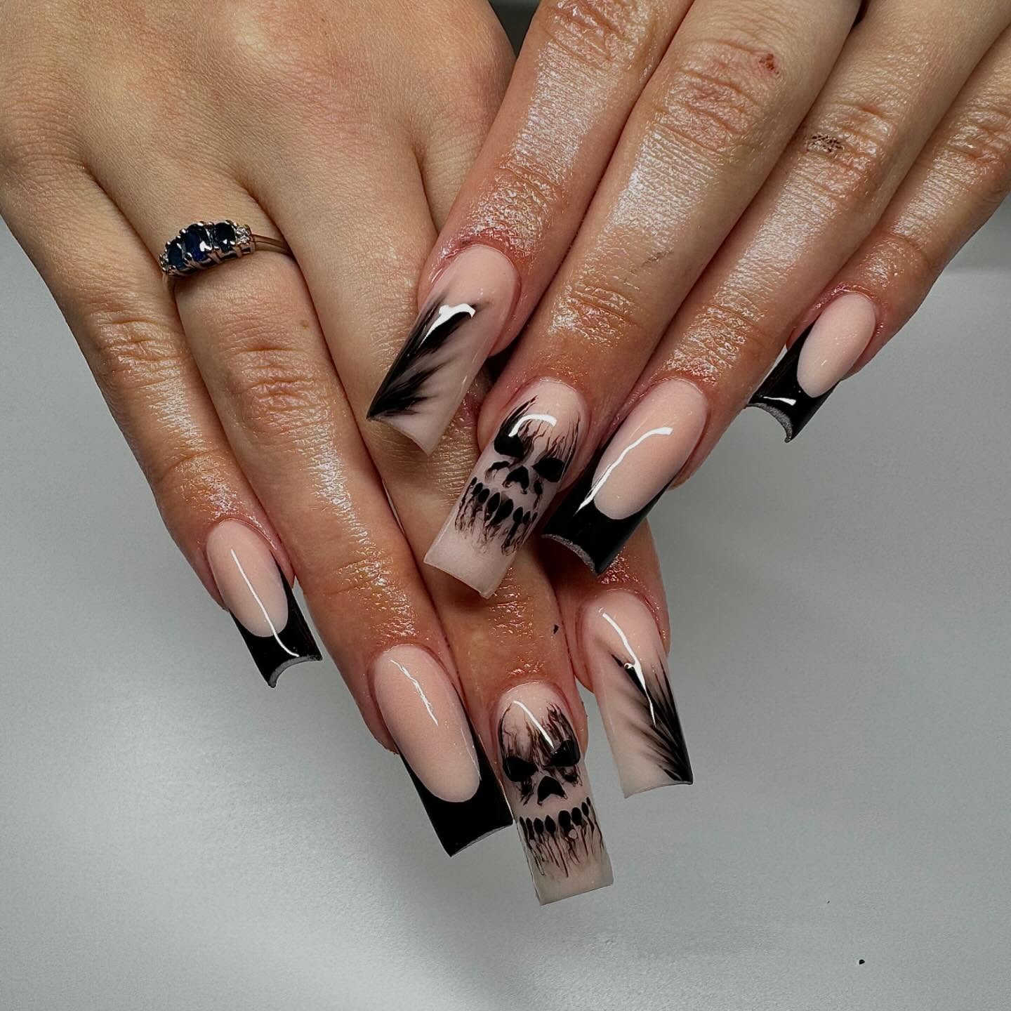 Black Skull French Tip Coffin Nails