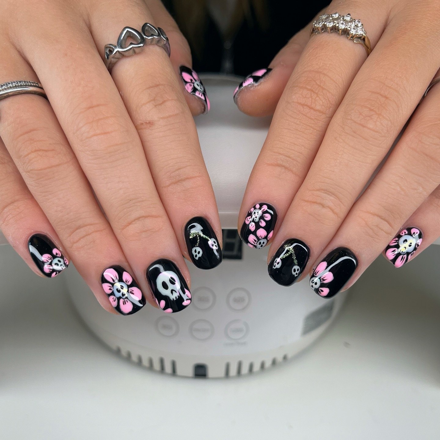 Spooky Skull and Pink Flower Halloween Nails