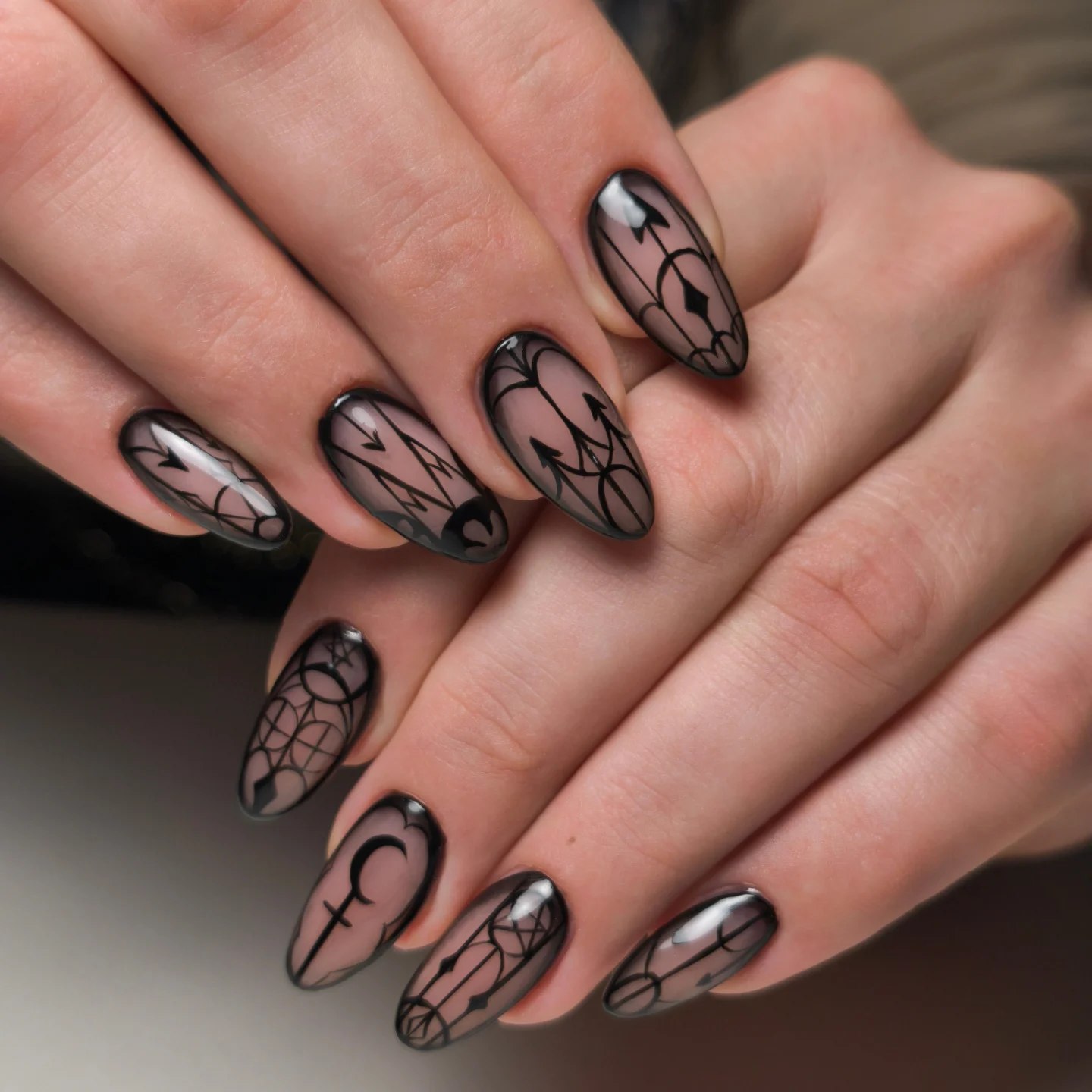 Gothic Black Lace Almond Nails