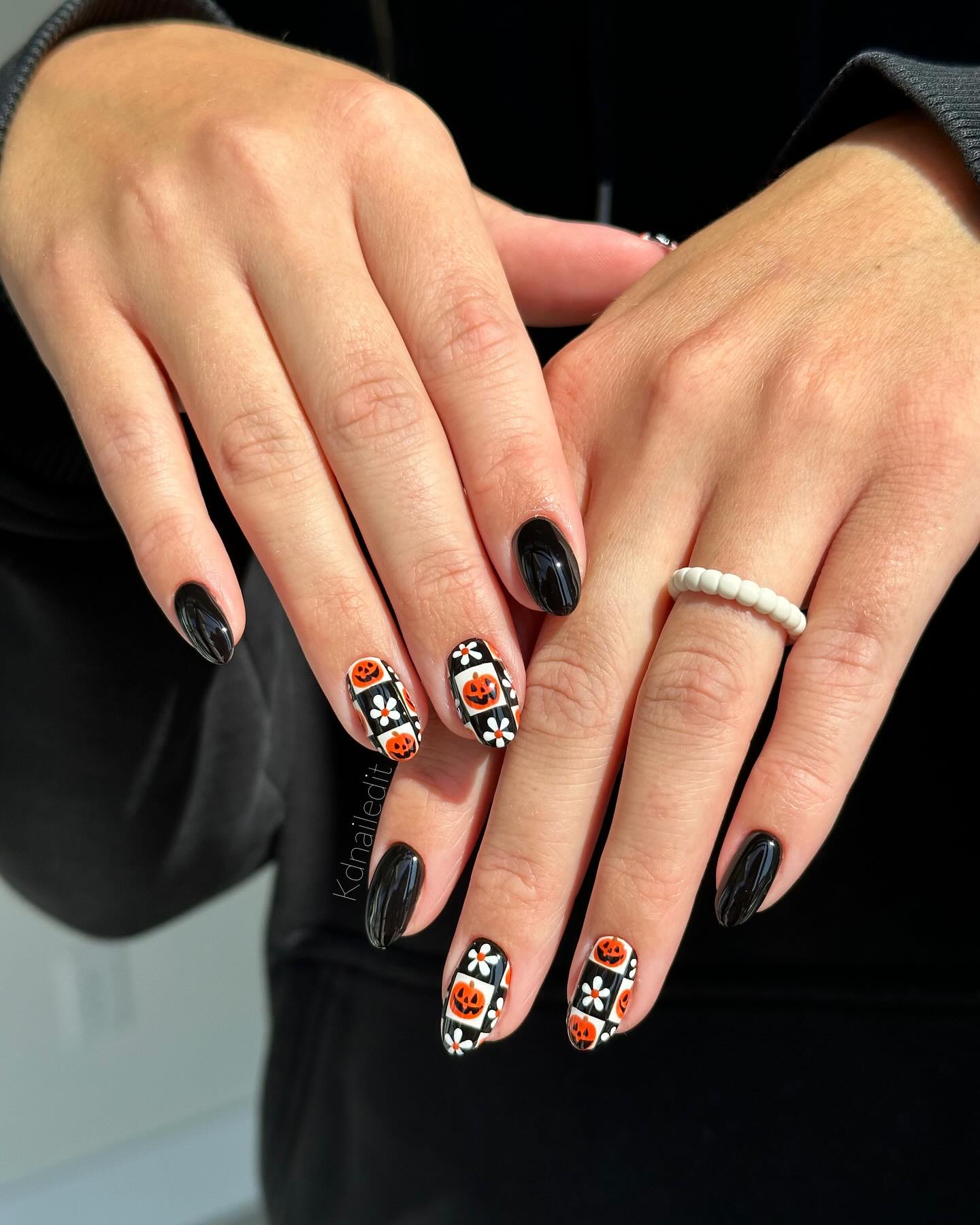 Glossy Black & Pumpkin Patch Halloween Nails