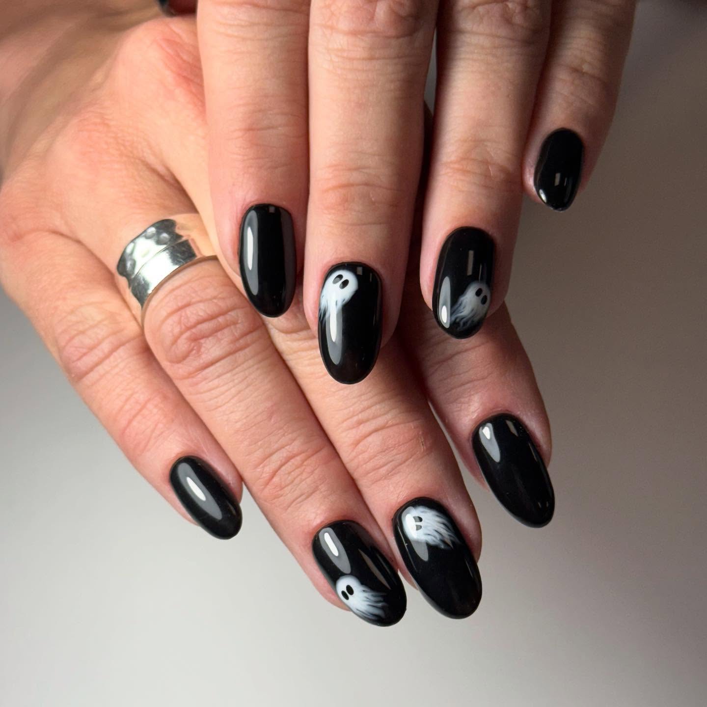 Glossy Black Ghost Halloween Almond Nails