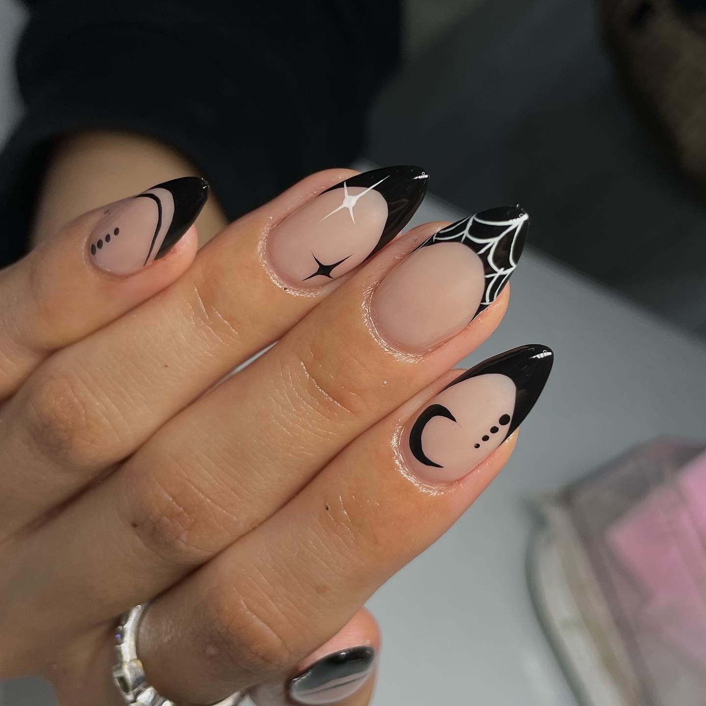 Black Celestial Almond French Tips With Spiderweb Art