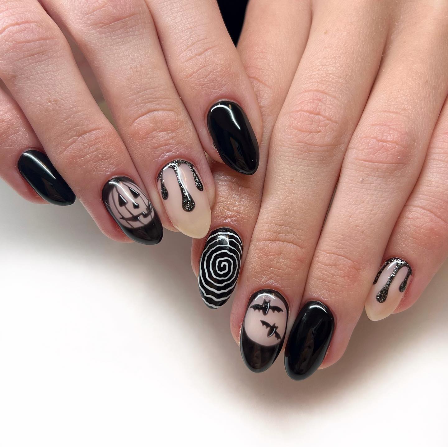 Black Halloween Oval Nails with Pumpkin and Bats
