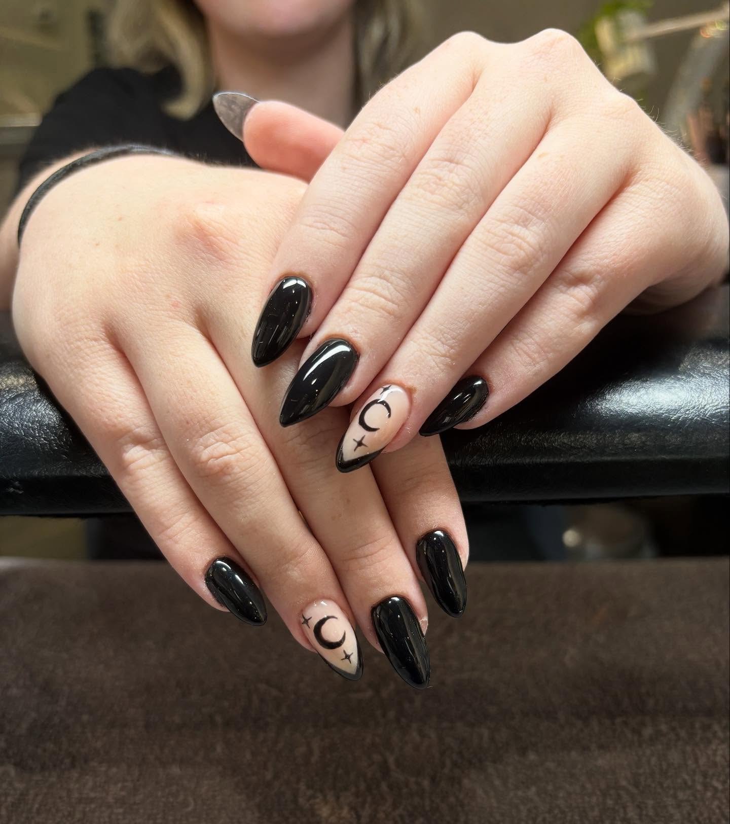 Glossy Black Coffin Nails with Crescent Moon Art