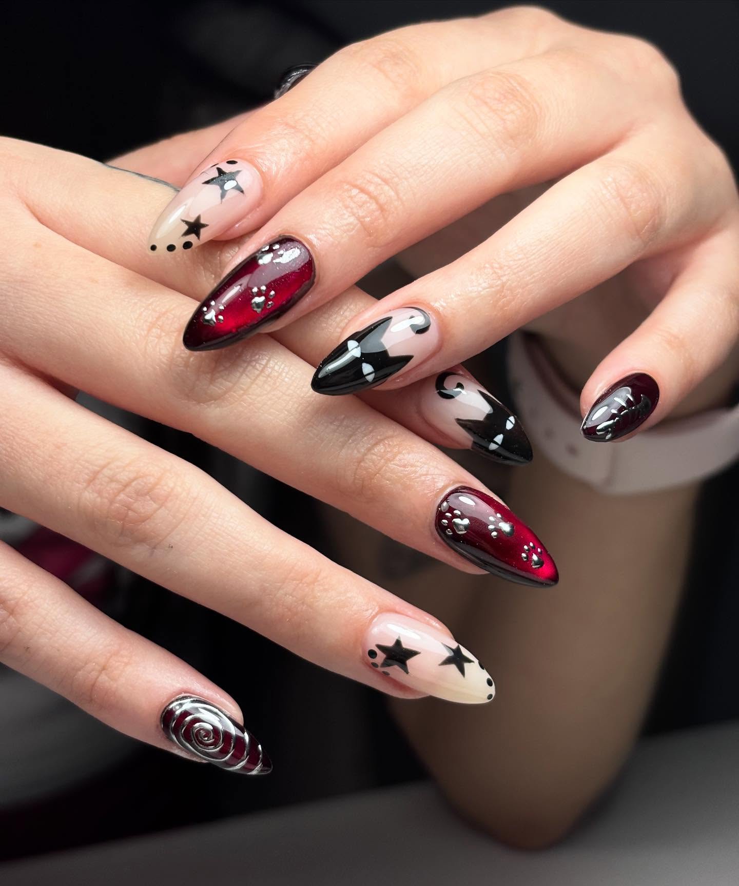 Spooky Cat and Star Halloween Almond Nails