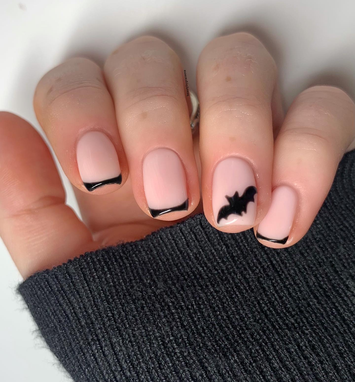 Black Bat French Tip Halloween Nails