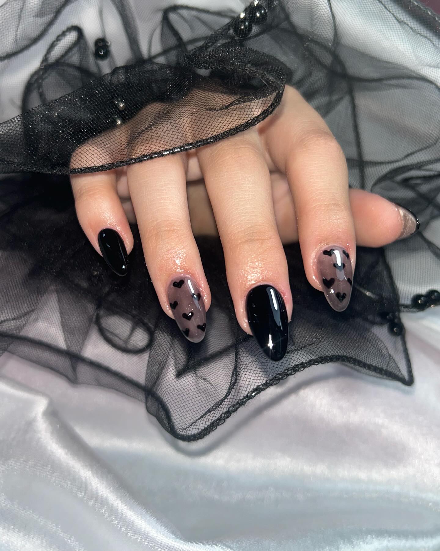 Glossy Black & Ghostly Heart Aura Nails