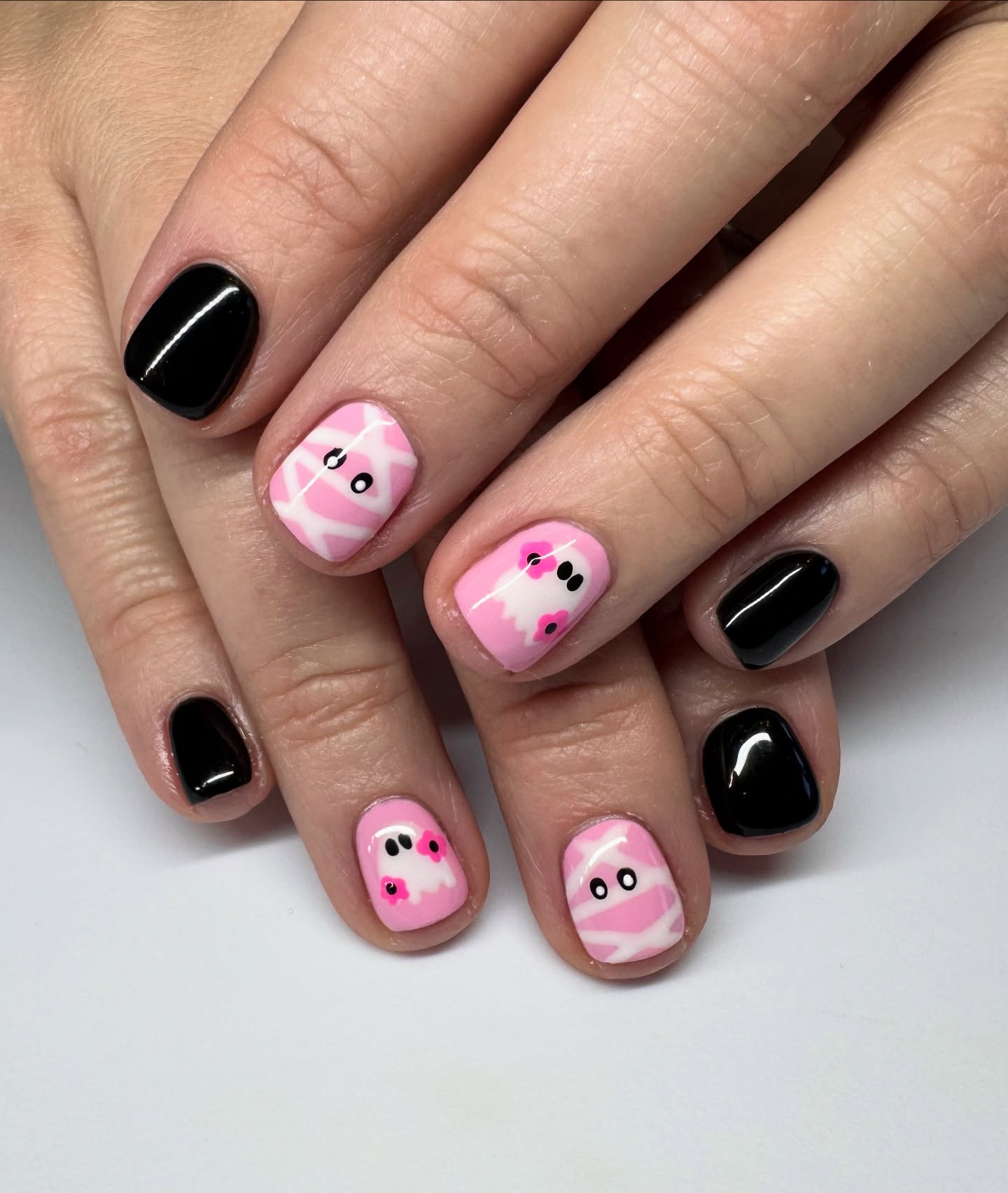 Cute Pink Ghost & Black Glossy Halloween Nails