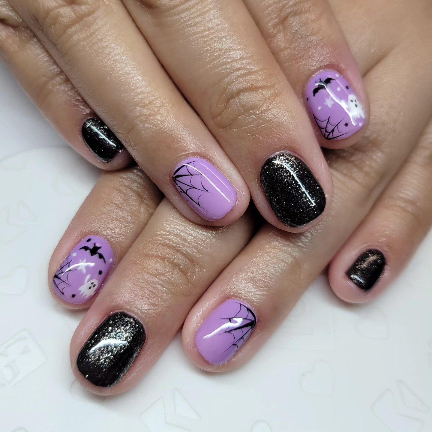 Lilac Halloween Ghost and Bat Nail Art