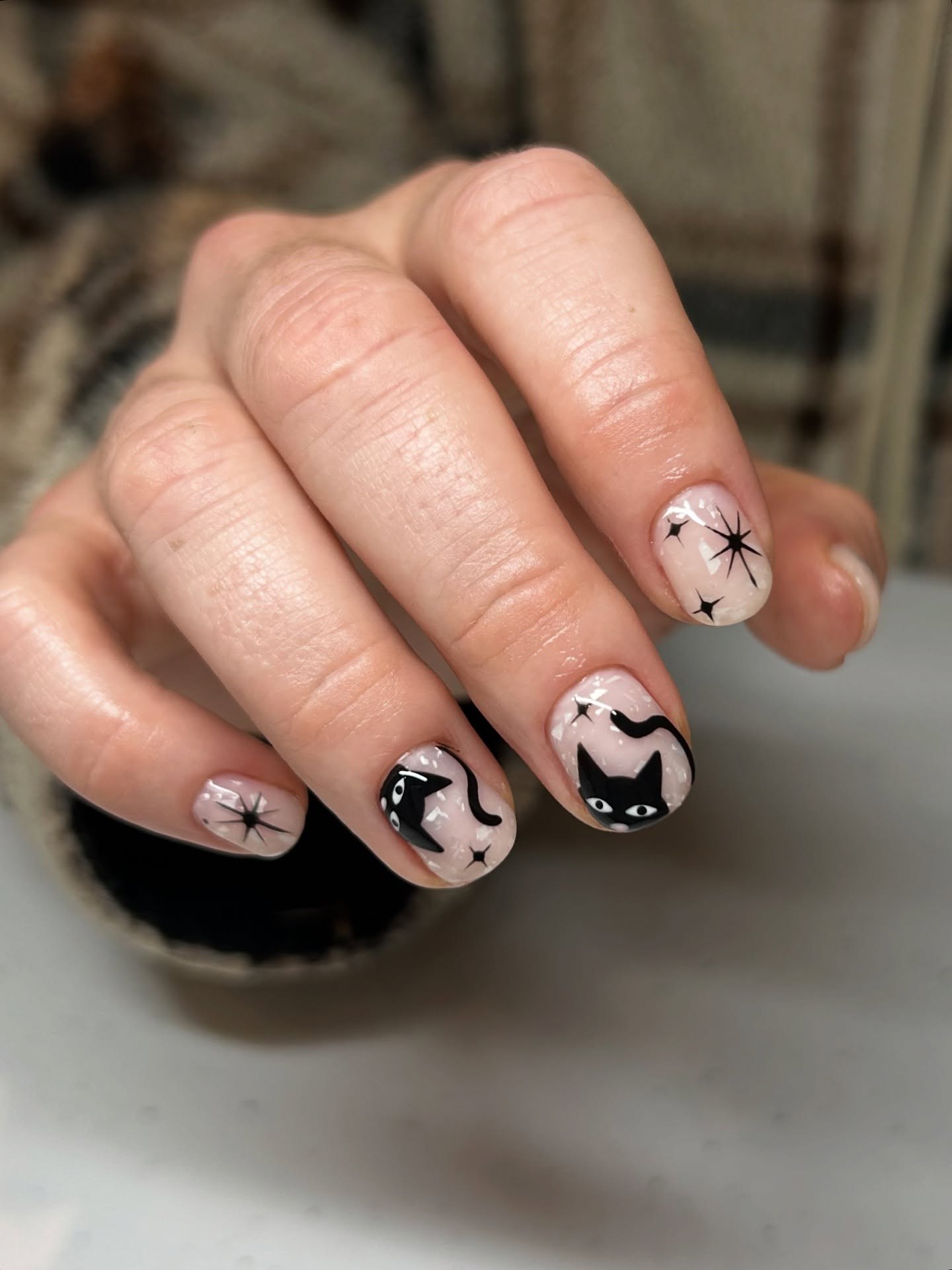 Spooky Black Cat Halloween French Tips
