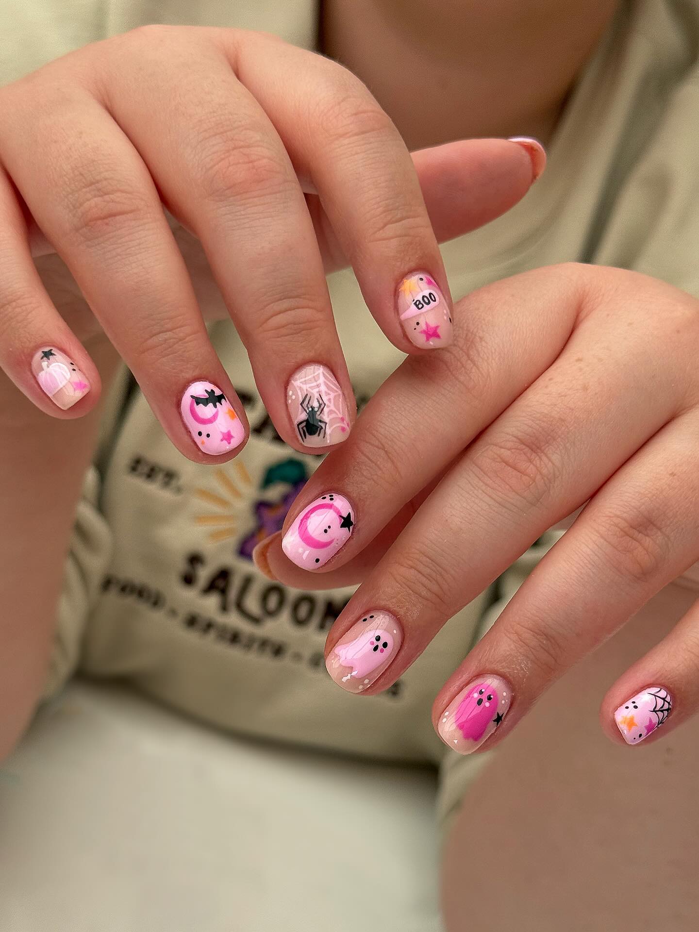 Cute Halloween Ghost and Spiderweb Short Nails