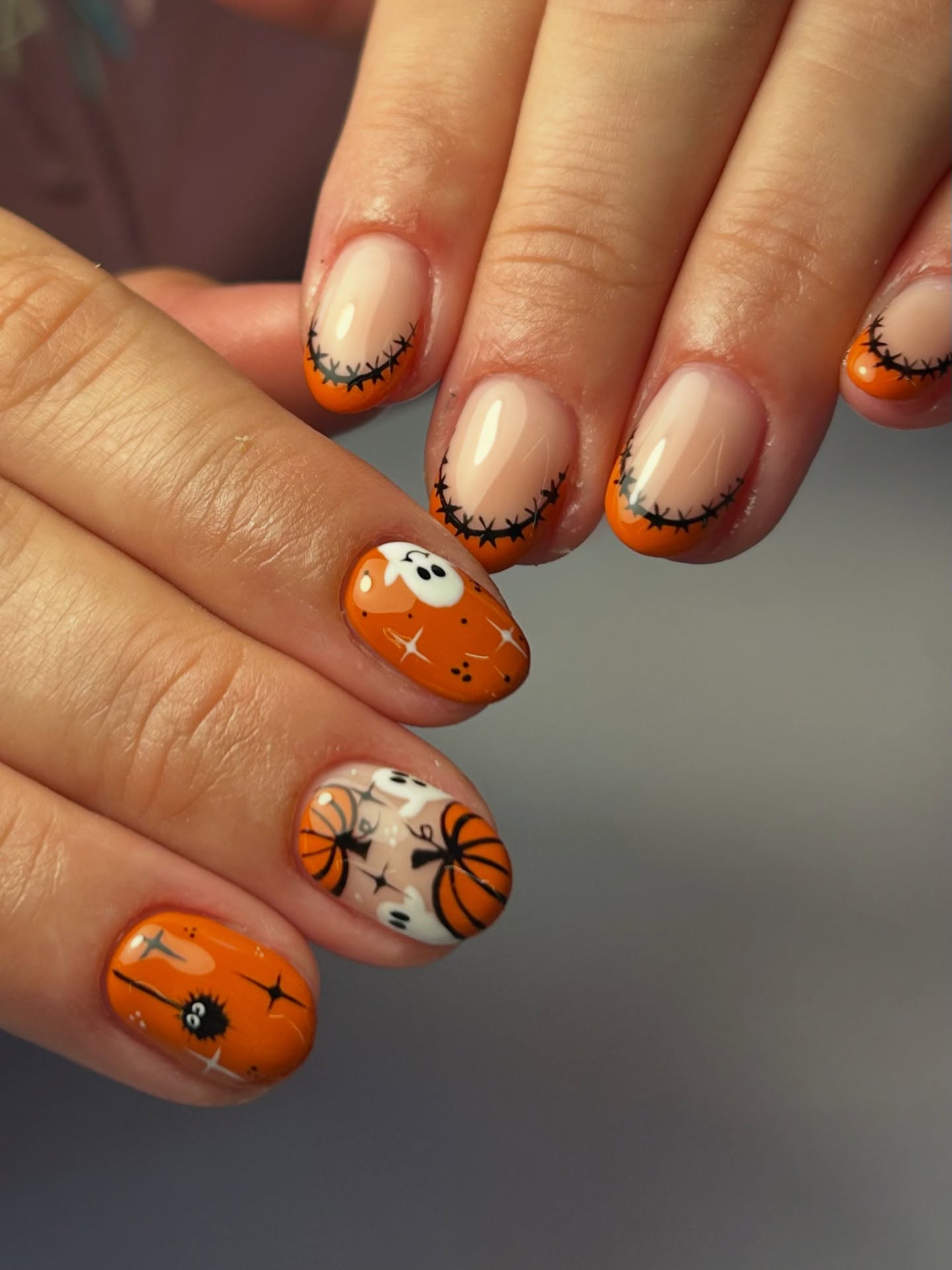 Spooky Halloween French Tip Pumpkin Ghost Nails