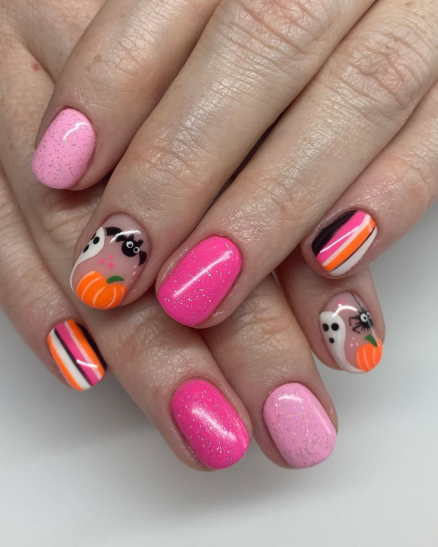 Pink Glitter Halloween Ghost and Pumpkin Nails