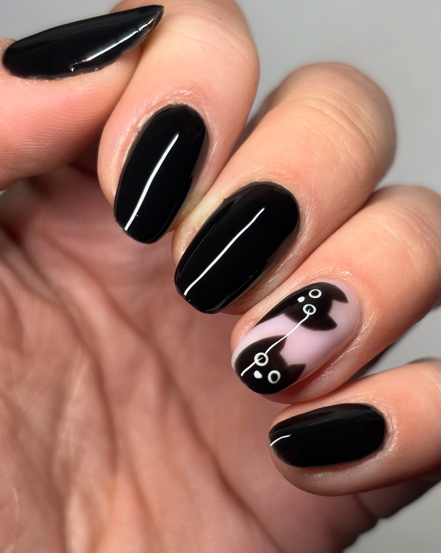 Spooky Black Cat Halloween French Tips