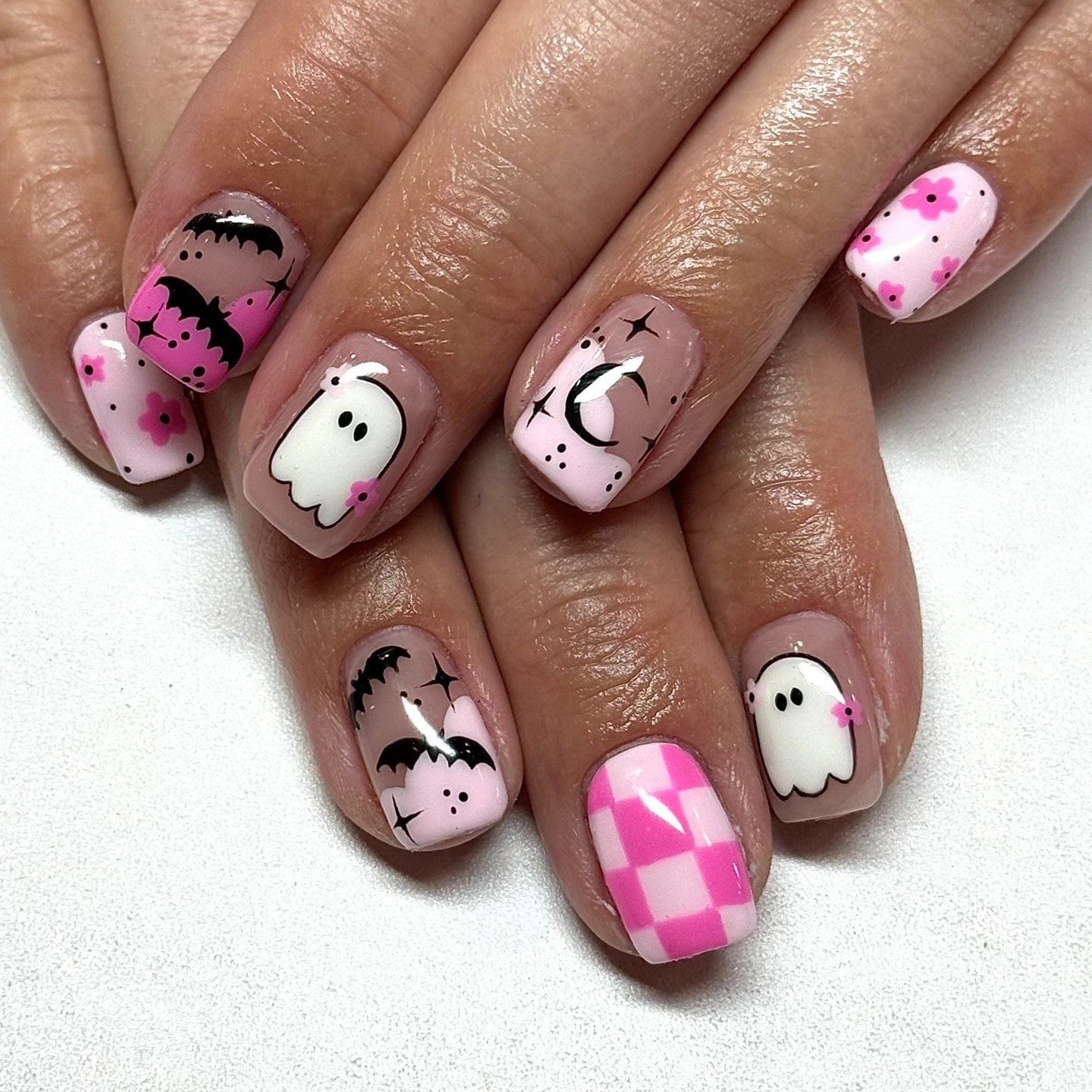 Pink Halloween Ghost and Bat Nail Art
