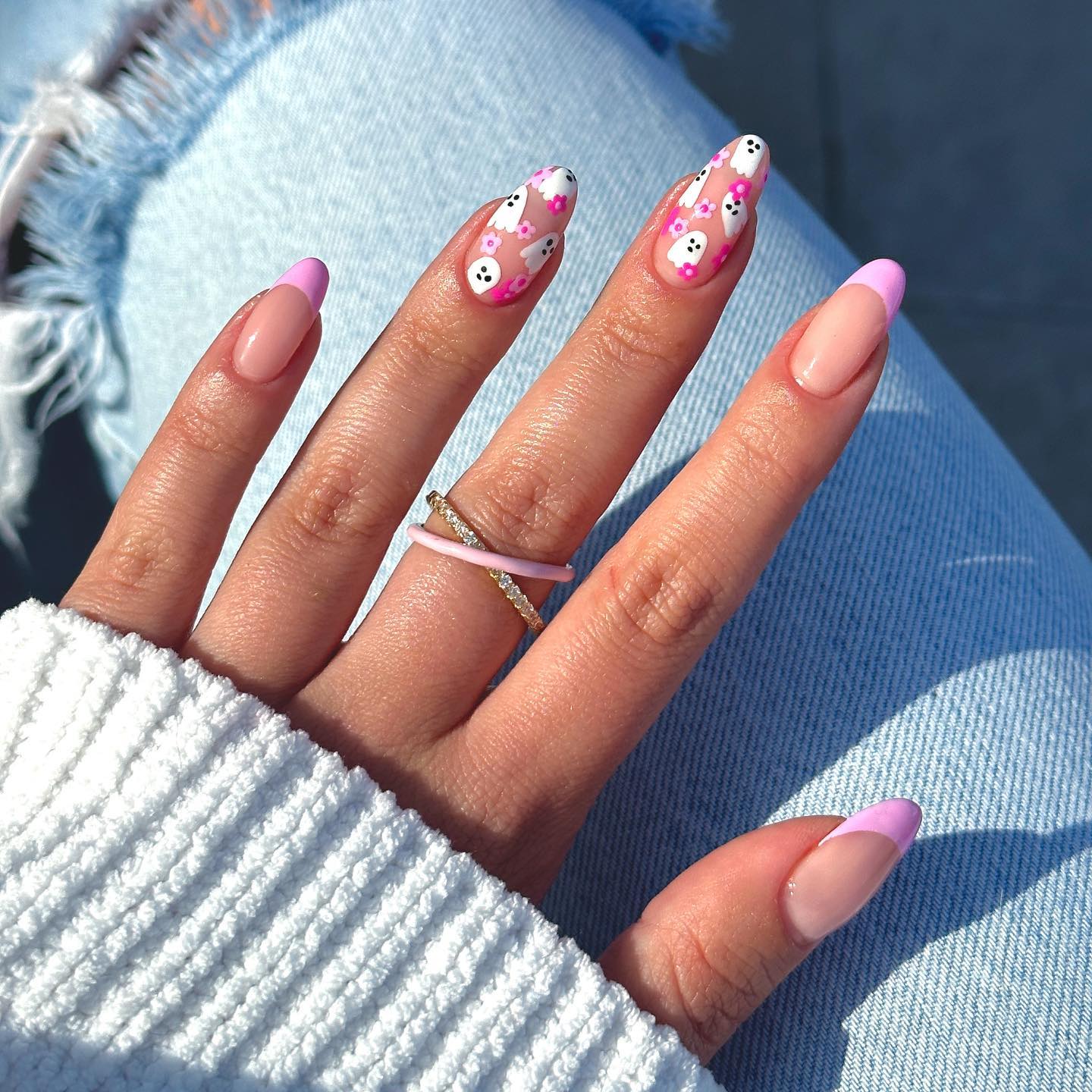 Pink Ghost French Tip Halloween Nails