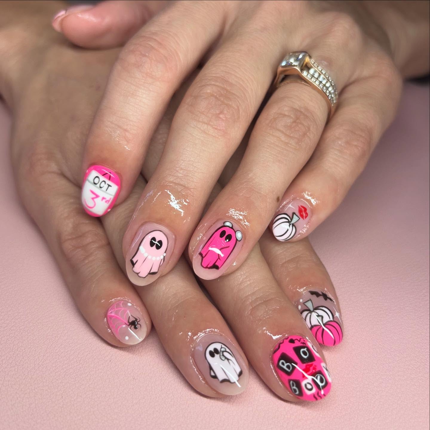 Pink Halloween Ghosts & Pumpkins French Tip Nails