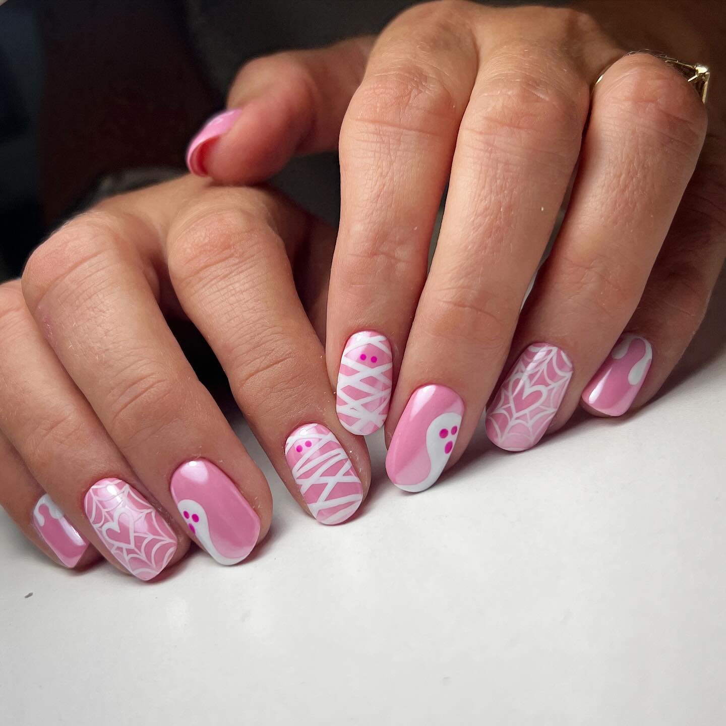 Pink Halloween Ghost and Mummy Nails