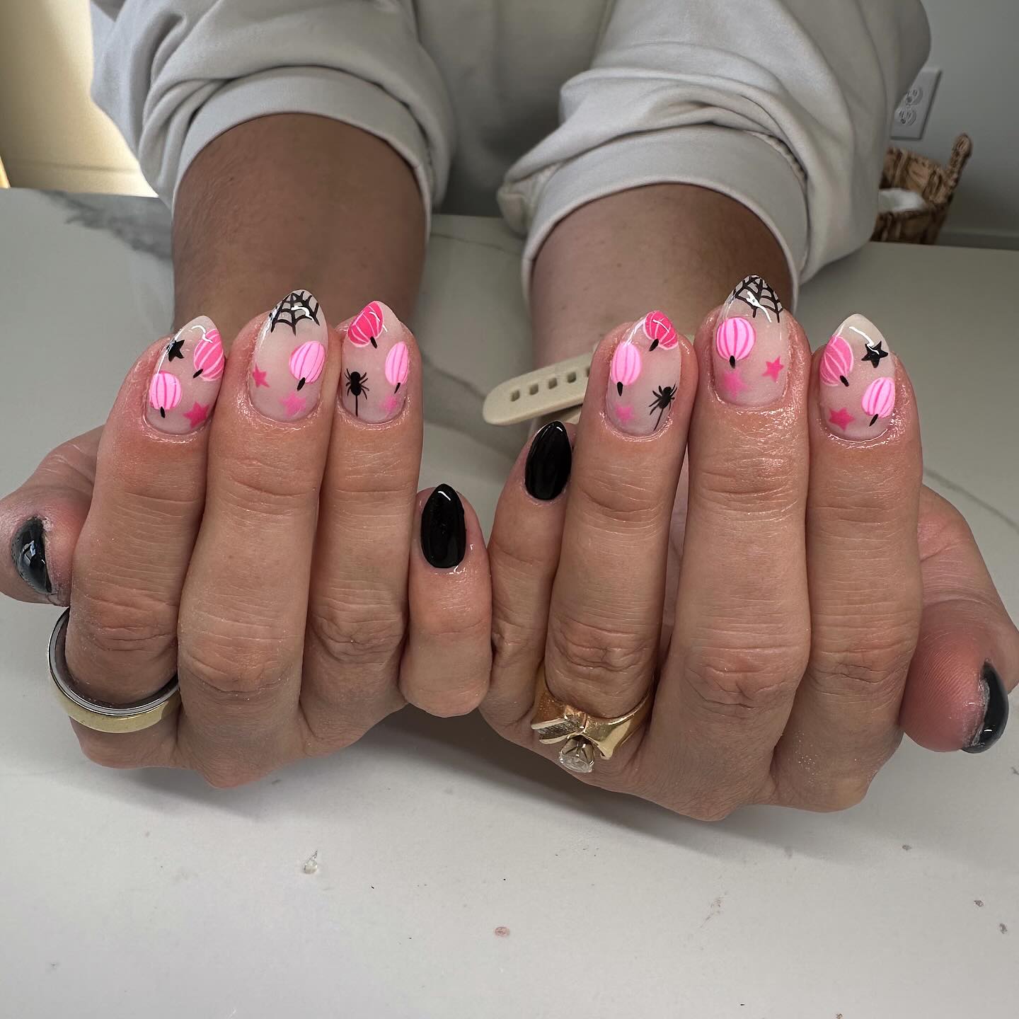 Pink Halloween Lantern Almond Nails