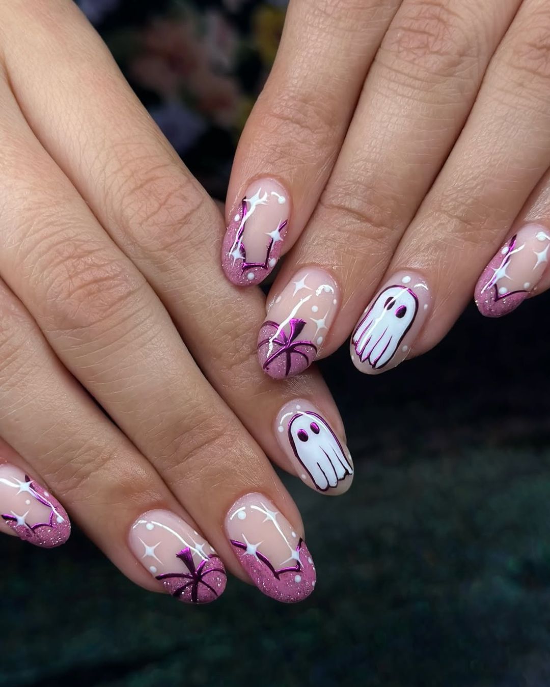 Sparkly Pink Ghost Halloween French Tip Nails