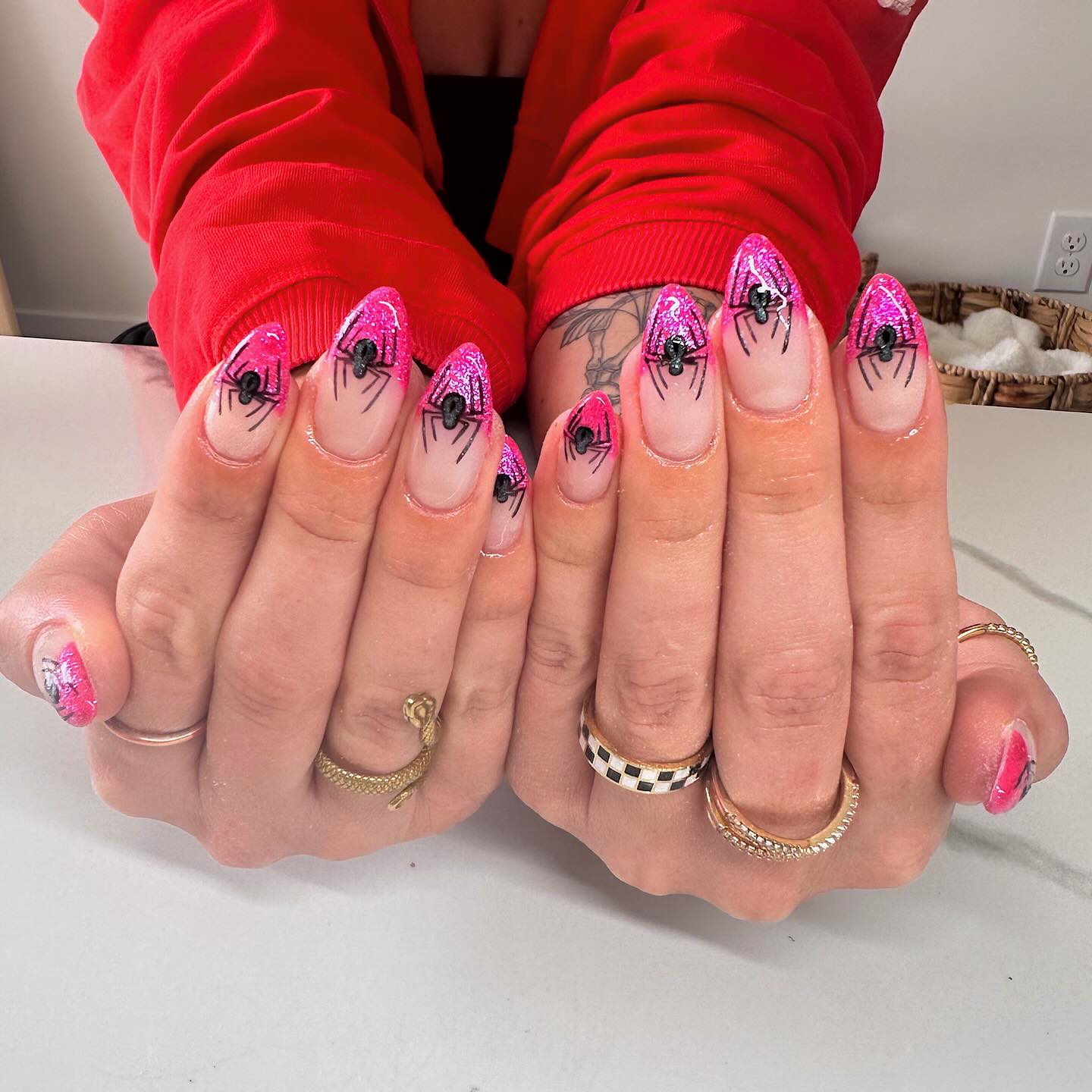 Pink Glitter Spiderweb Halloween Almond Nails