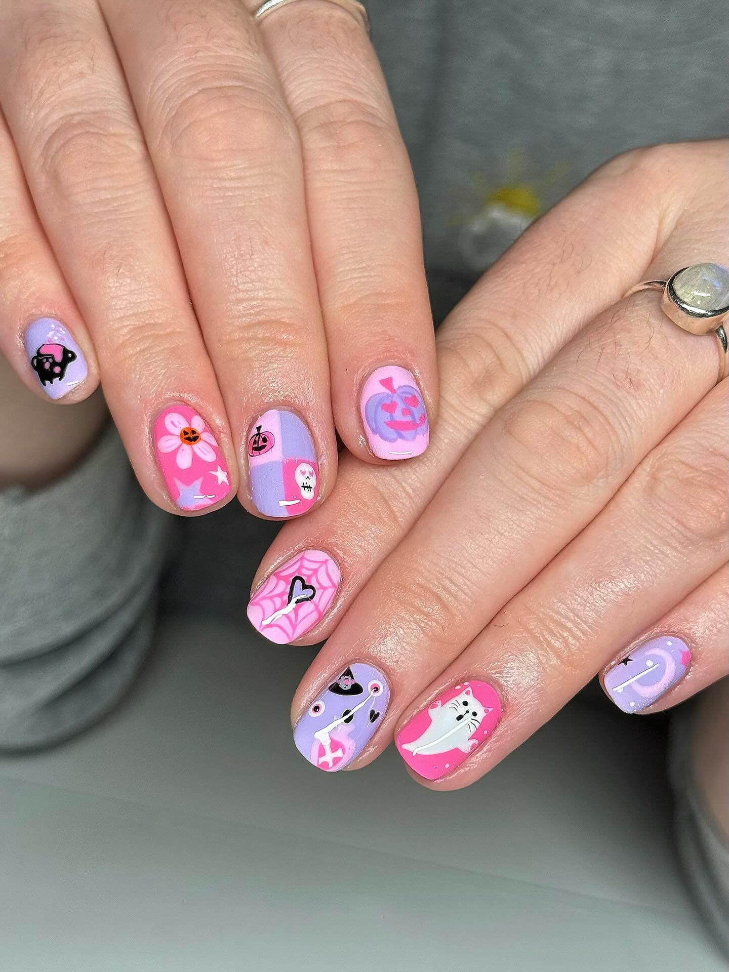 Pastel Pink & Lavender Halloween Character Nails