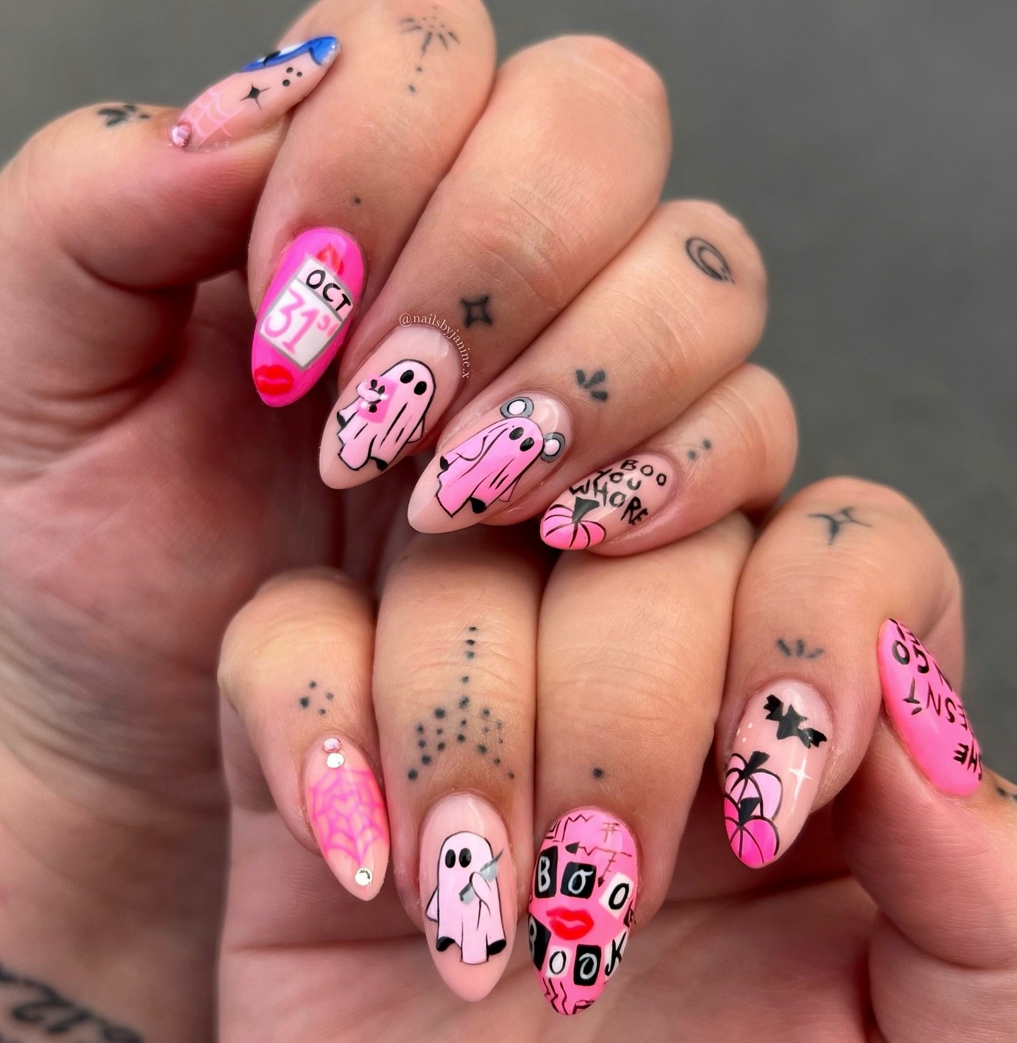 Pink Halloween Ghost And Pumpkin Art Nails