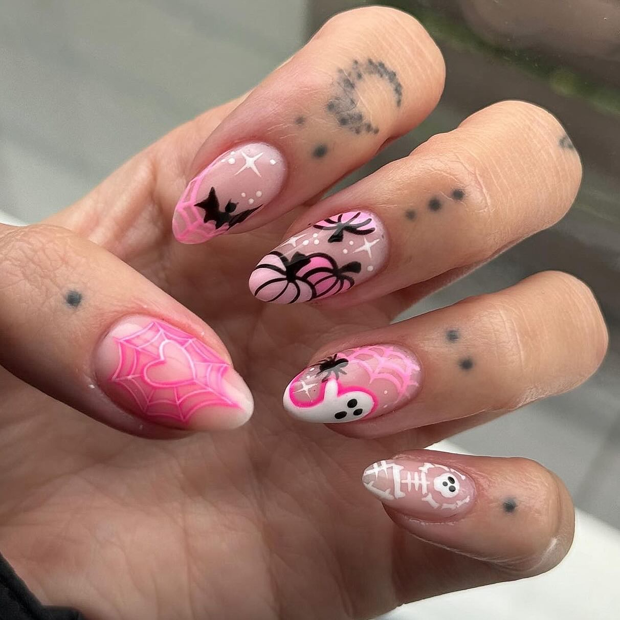 Pink Halloween Spiderweb & Ghost Almond Nails