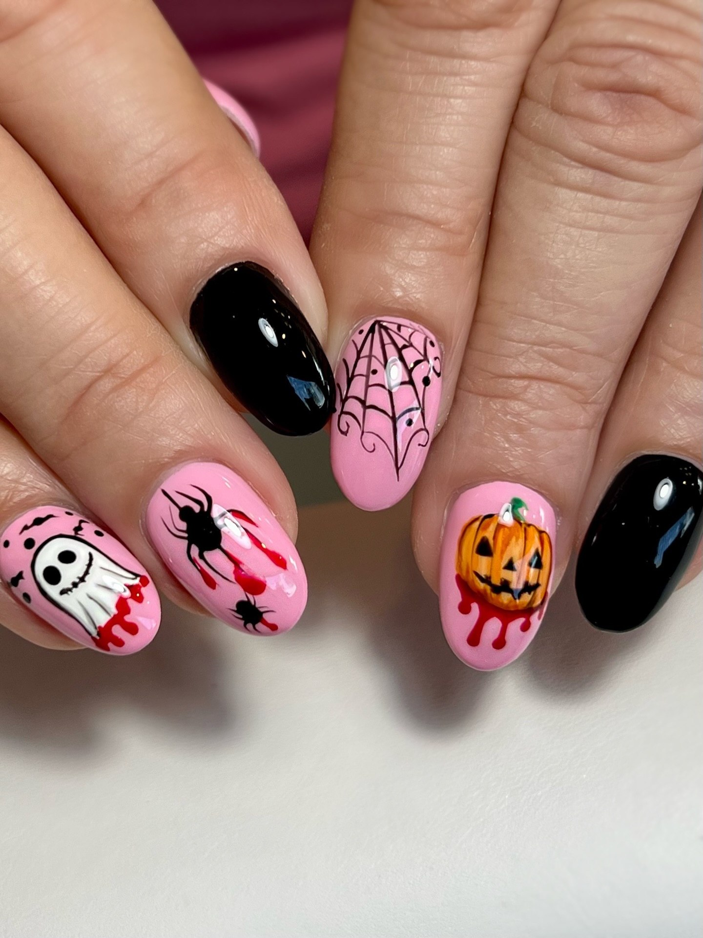 Pink Halloween Ghost Spider Pumpkin Nails