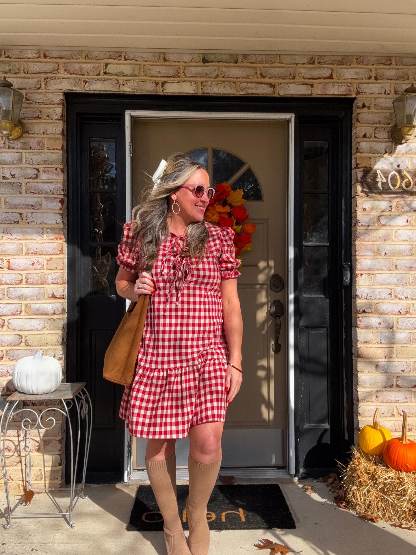 Red Gingham Dress With Knee-High Boots