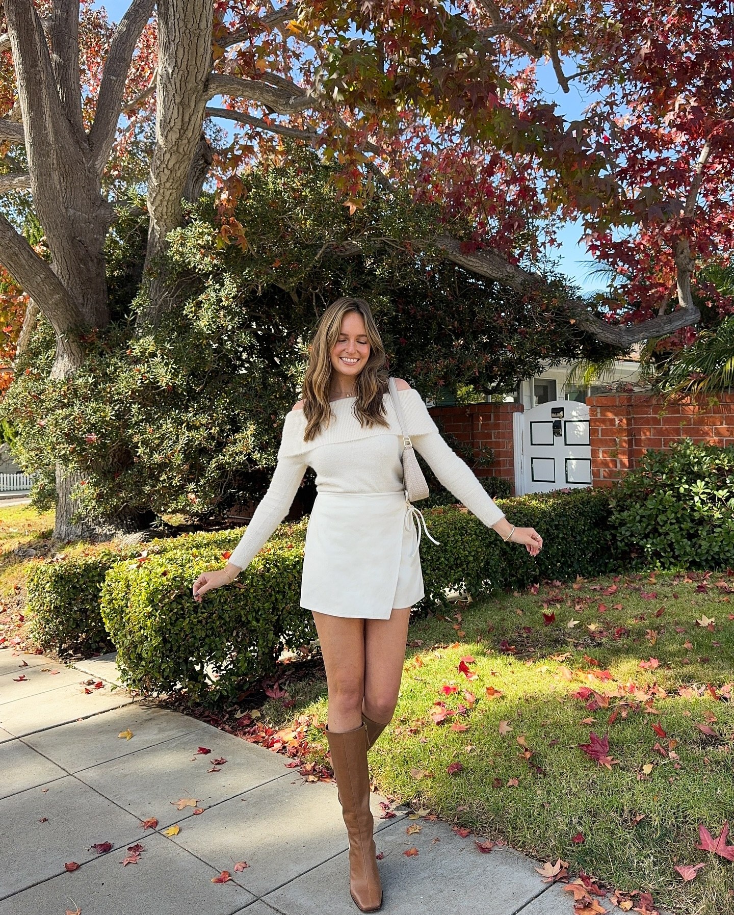 Cream Off-Shoulder Sweater With Wrap Mini Skirt