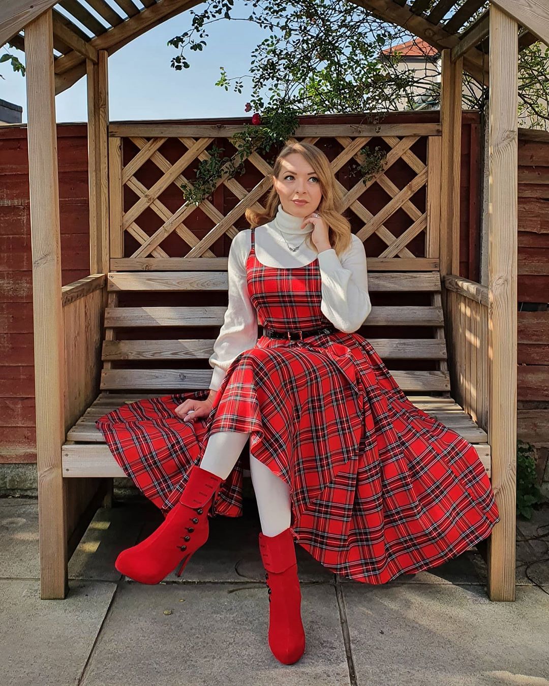Plaid Pinafore Dress With Turtleneck And Red Boots