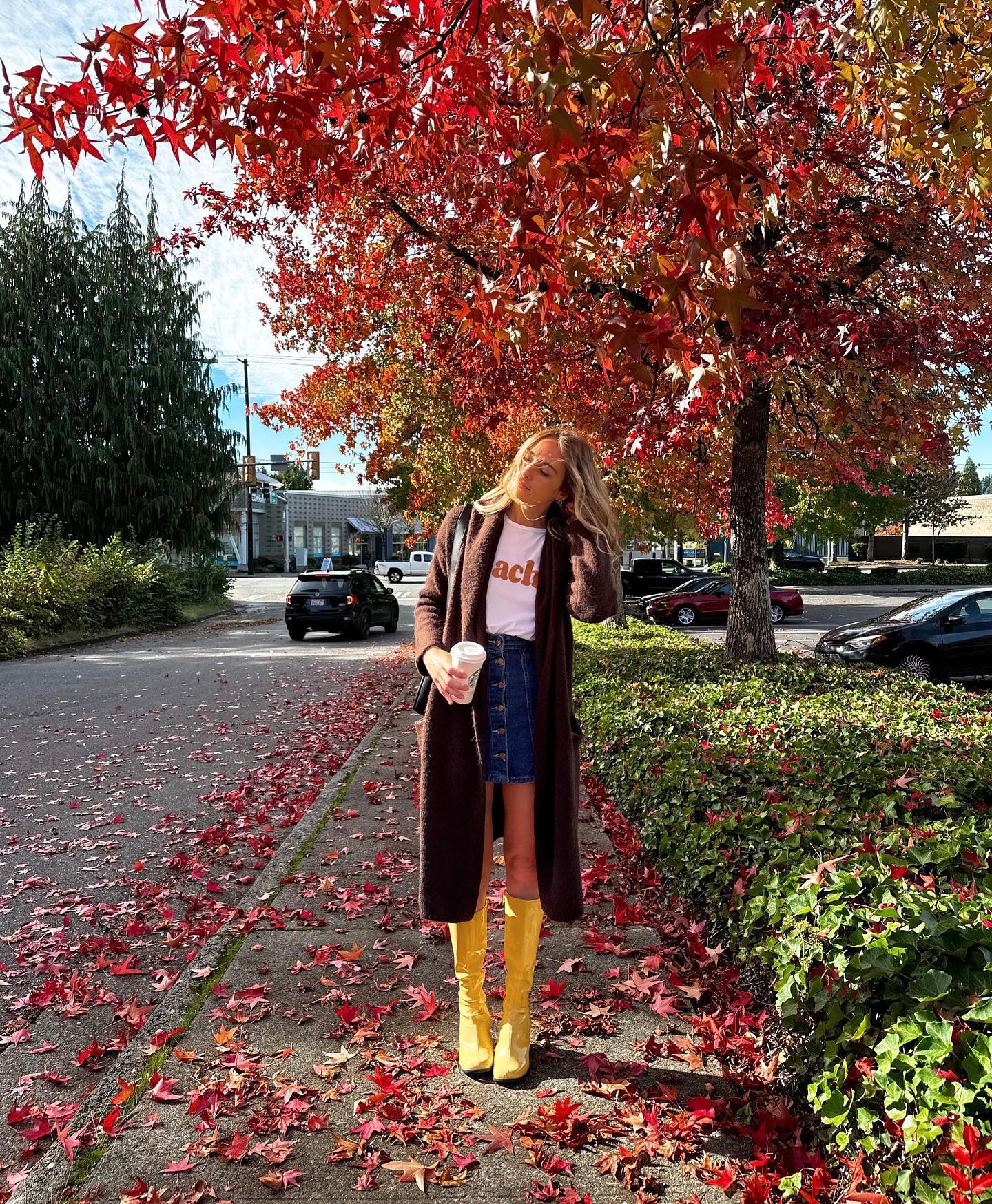 Cozy Cardigan With Denim Skirt And Bold Boots