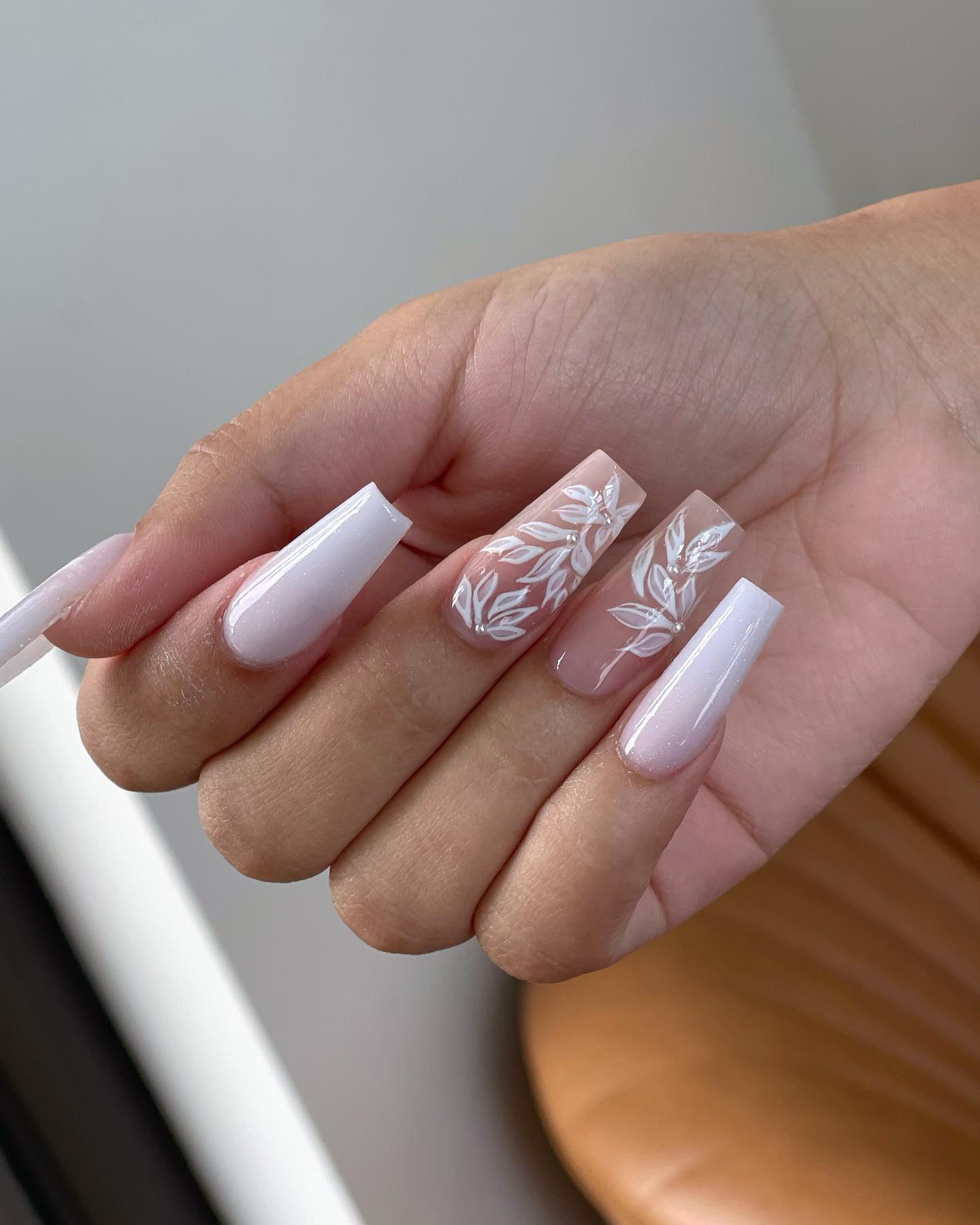 White Floral Ombre Coffin Nails